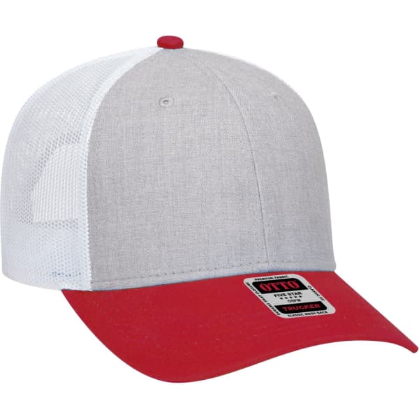 A grey and red 6 panel trucker hat with a mesh back and a solid red peak, featuring a logo on the side.