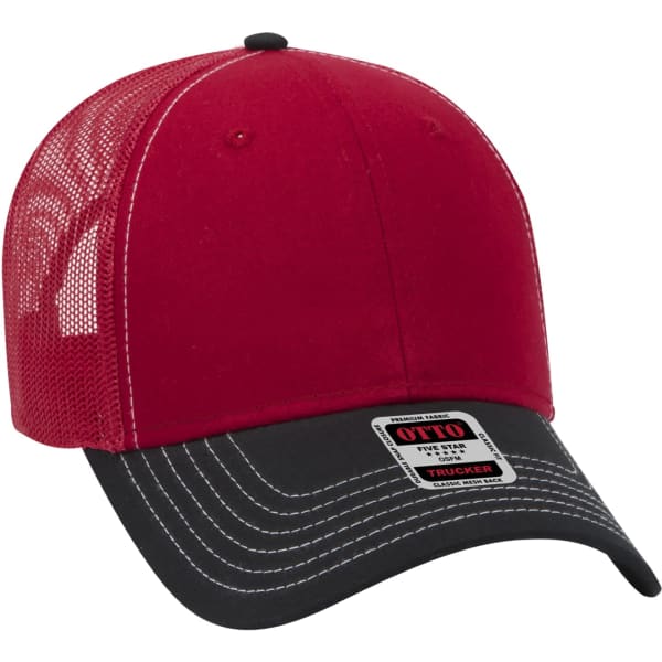 A red and black 6-panel trucker hat with a mesh back and a branded tag.