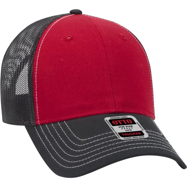 A red and black 6 panel trucker hat with a mesh back and a logo on the front.