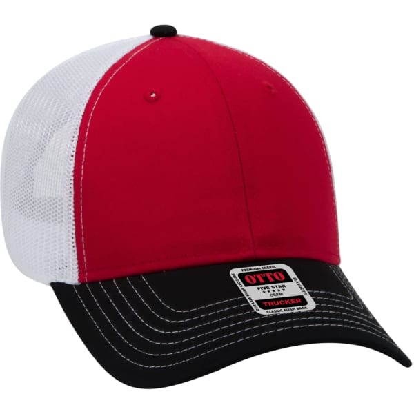 A red and white 6 panel trucker hat with a black brim and a logo on the front.
