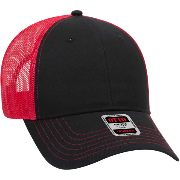 A black and red 6 panel trucker hat with a mesh back and a logo on the front.