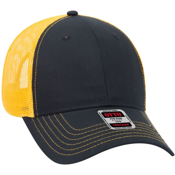 A 6-panel trucker hat featuring a black front and a yellow mesh back, with an emblem on the front.