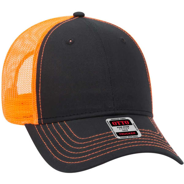 A black trucker hat with orange mesh panels and stitching, featuring a logo on the front.