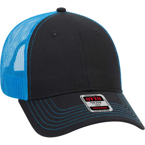 A black and blue 6 panel trucker hat with a mesh back and a branded tag on the front.