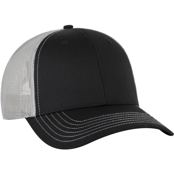 A black and grey 6-panel trucker hat featuring a mesh back and a logo on the front.