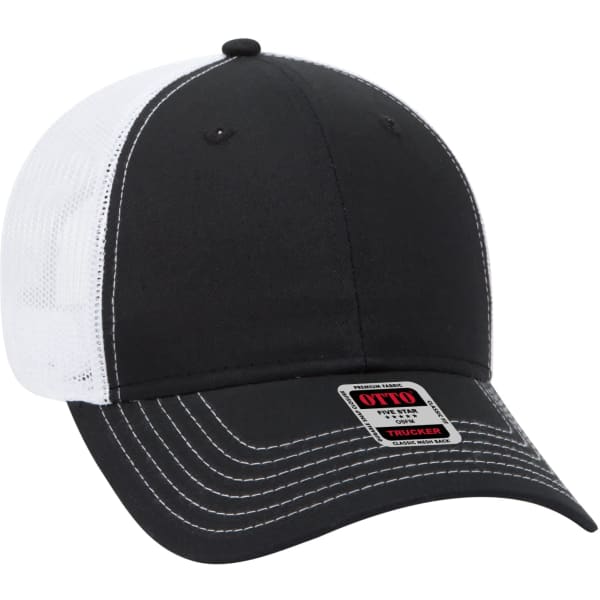 A black and white 6 panel trucker hat with a mesh back and curved brim, featuring a logo on the front.