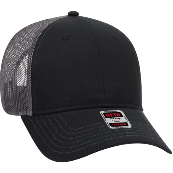 A black 6-panel trucker hat with a grey mesh back and a curved brim, featuring a logo on the front.