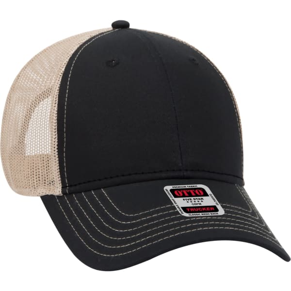 A black and beige 6-panel trucker hat featuring a logo and mesh back.