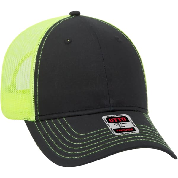 A black and neon green 6 panel trucker hat with a mesh back and a logo on the front.