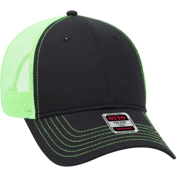 A black and neon green 6-panel trucker hat featuring a mesh back and a logo.