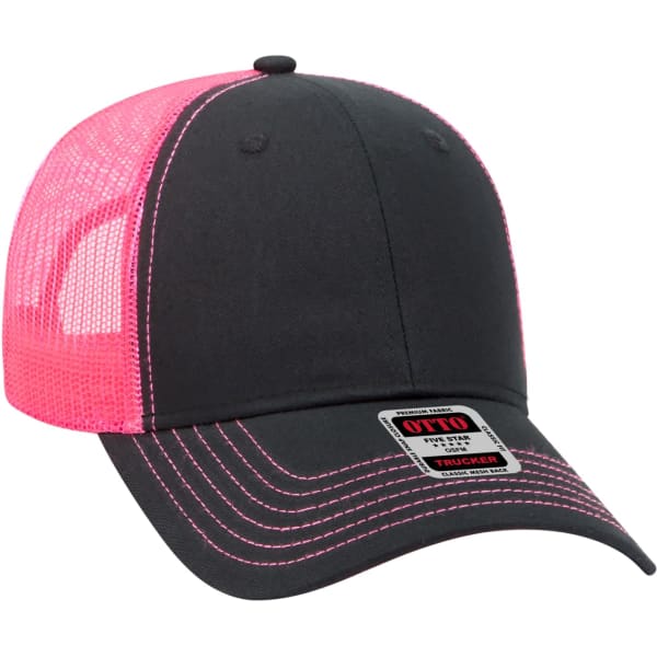 A black and pink 6 panel trucker hat featuring a mesh back and a branded label.