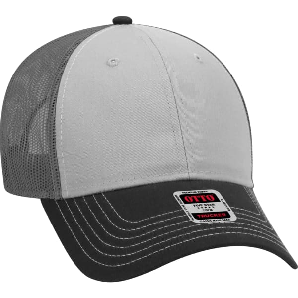 A grey and black 6-panel trucker hat with a mesh back and a brand logo on the front.