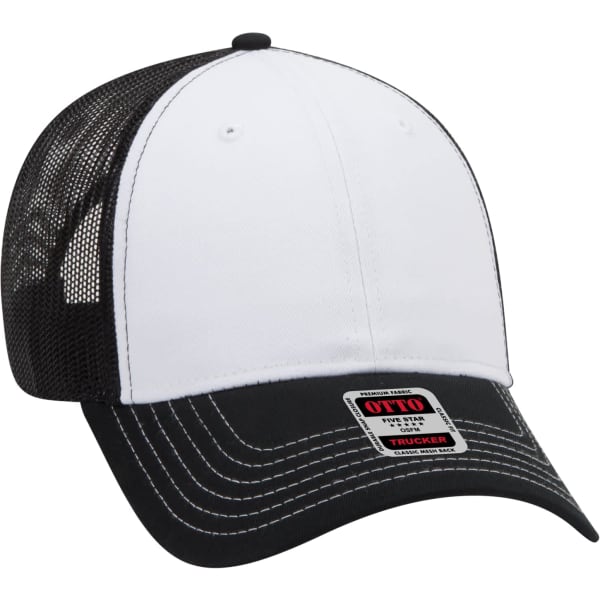 A black and white 6 panel trucker hat featuring a mesh back and a small logo on the front.
