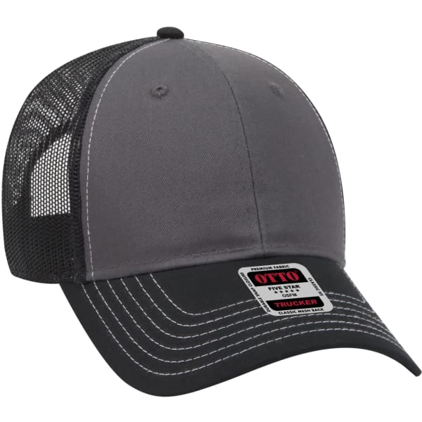 A grey and black 6 panel trucker hat with a mesh back and a branded label on the front.