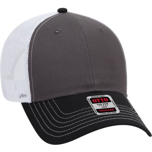 A grey and black 6-panel trucker hat featuring a mesh back and a branded tag on the front.