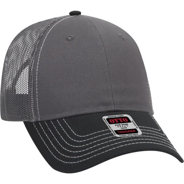 A grey 6 panel trucker hat with a mesh back and a stitched peak. It features a logo on the front.