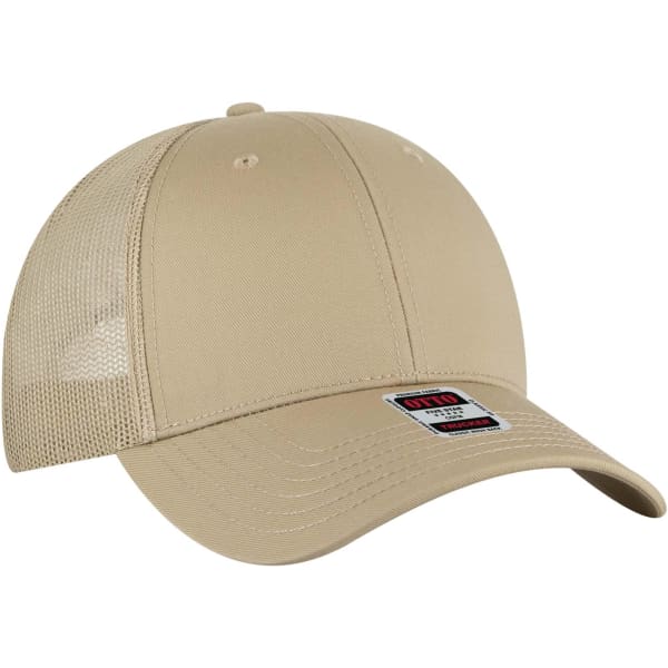 A beige low-profile trucker cap with a mesh back and a front panel featuring a logo.