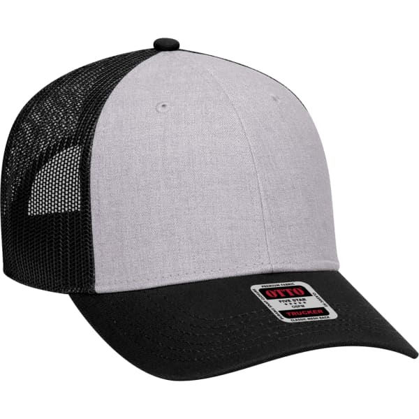 A grey and black 6 panel trucker hat featuring a mesh back and a branded tag on the front.