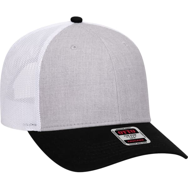 A grey and black 6 panel trucker hat with a mesh back and a branded label on the front.