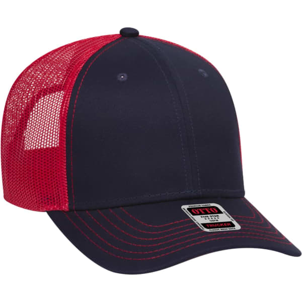 A navy and red 6 panel trucker hat with a mesh back and a logo on the front.