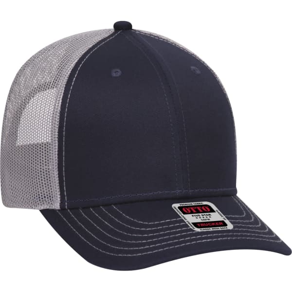A navy blue 6-panel trucker hat with a grey mesh back and a logo on the front.