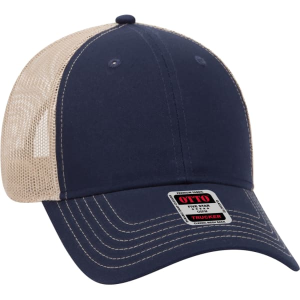 A 6 panel trucker hat in navy blue with a tan mesh back and a logo on the front.