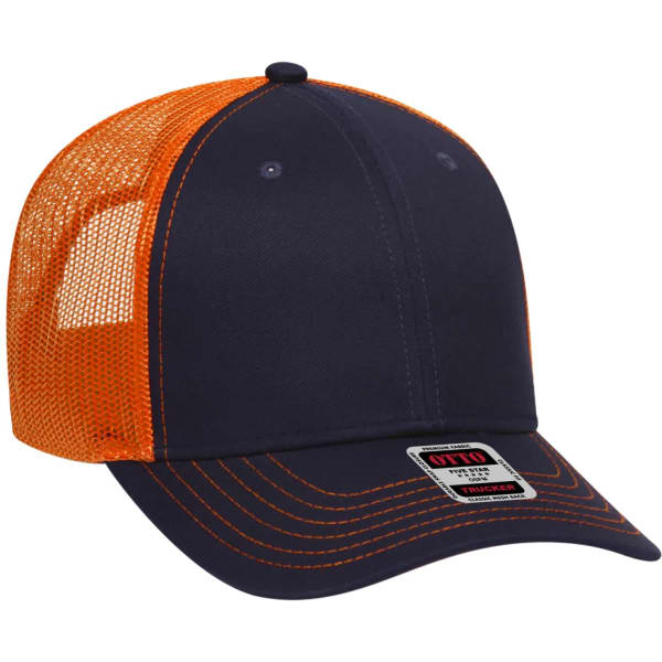 A navy and orange 6 panel trucker hat with a mesh back and a curved brim, featuring a logo on the front.