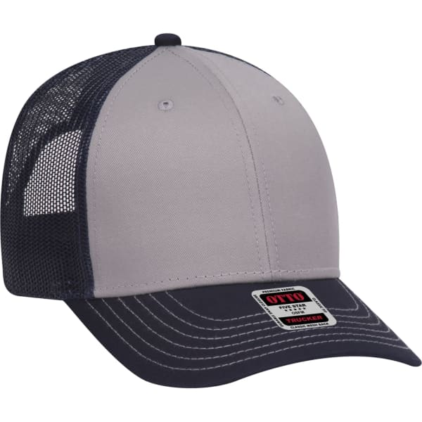 A six-panel trucker hat in grey and navy, featuring a mesh back and a branded label on the front.