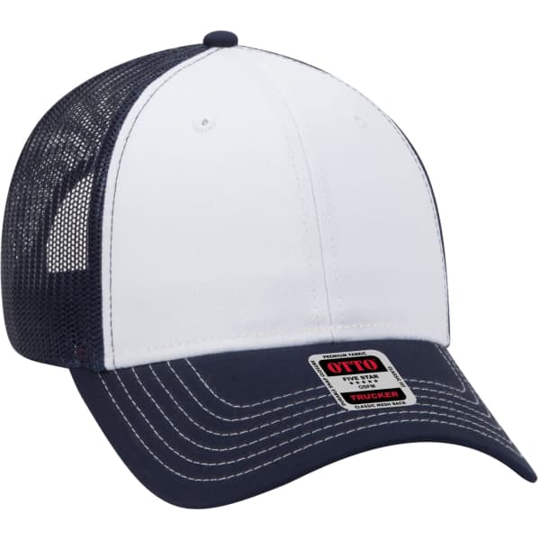 A white and navy 6-panel trucker hat featuring a mesh back and a curved brim. It has a branding logo on the label.
