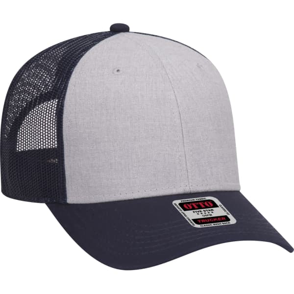 A grey and navy 6-panel trucker hat with a mesh back and a logo on the front.