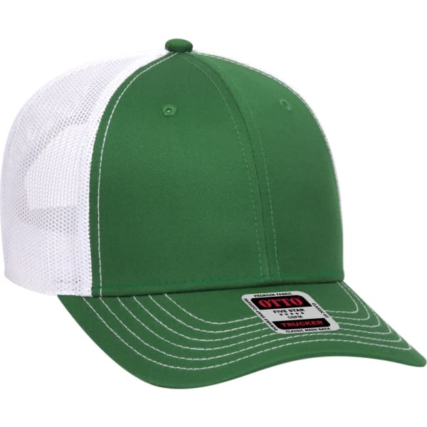 A green 6 panel trucker hat with a white mesh back and an adjustable snap closure. It features a logo on the front.