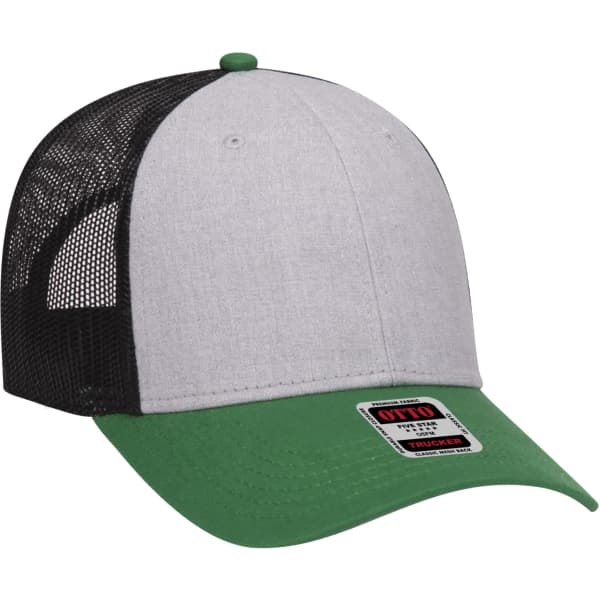 A grey and green 6 panel trucker hat with a black mesh back and a logo on the front.