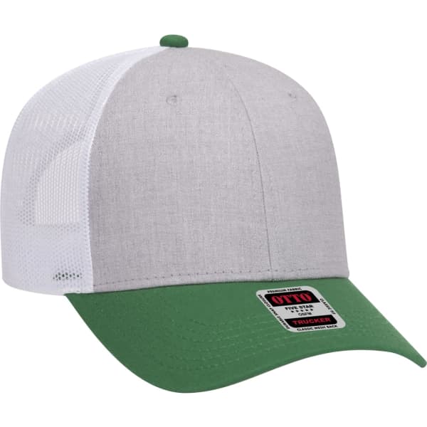 A grey and green 6 panel trucker hat featuring a mesh back and a logo on the front.