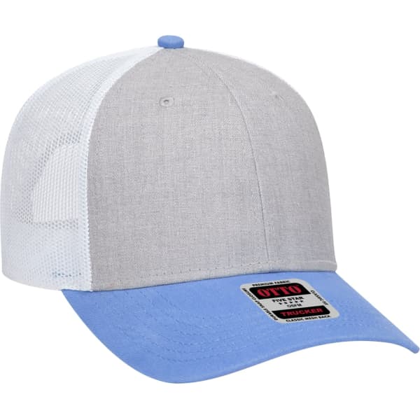A grey and light blue 6 panel trucker hat with a mesh back and a branded label on the side.