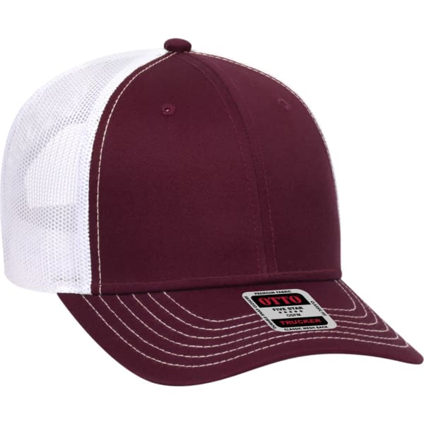 A burgundy six-panel trucker hat with a white mesh back and a branded label on the side.