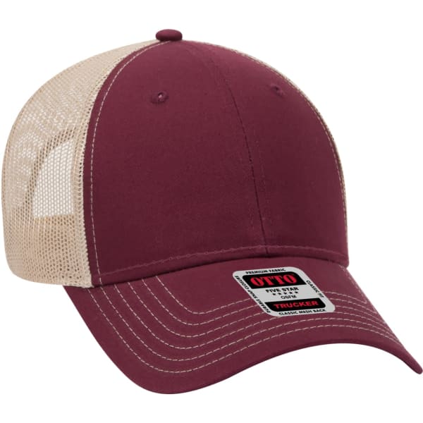 A maroon 6-panel trucker hat with a beige mesh rear and a logo on the front.