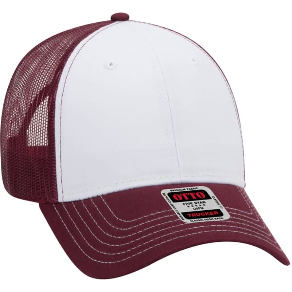 A 6-panel trucker hat in burgundy and white, featuring a mesh back and a small logo on the brim.