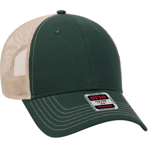 A green and beige 6-panel trucker hat with a logo on the front and a mesh back.