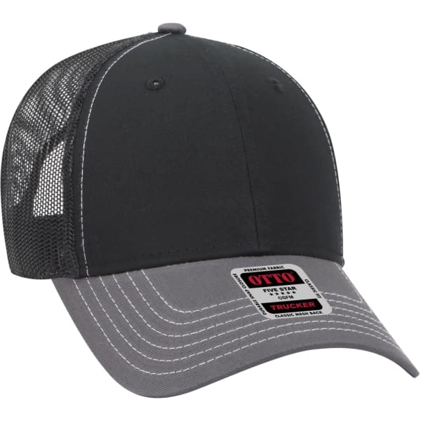 A black and grey 6-panel trucker hat with mesh back and a logo on the front.