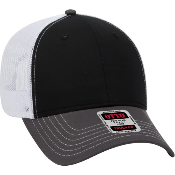A black and grey 6-panel trucker hat with a mesh back and a visible logo.