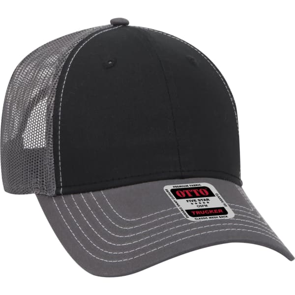 A black and grey 6 panel trucker hat with a mesh back and a logo on the front.