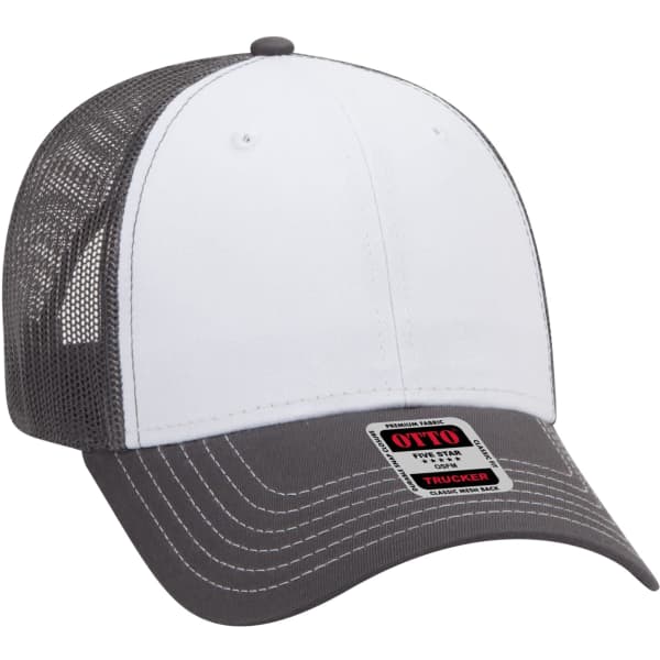 A 6-panel trucker hat in white and grey, featuring a mesh back and a branded tag on the front.