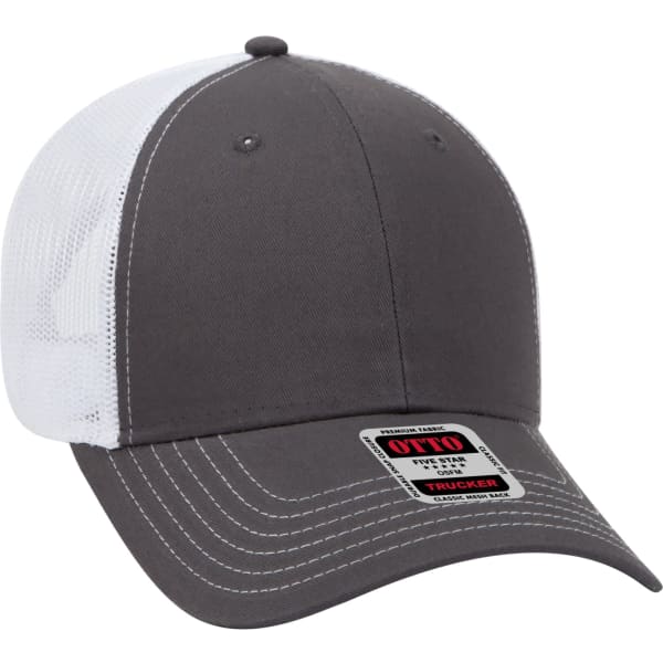 A grey and white 6 panel trucker hat with a curved brim and mesh back, featuring a logo on the front.