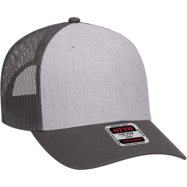 A grey and charcoal 6 panel trucker hat with a mesh back and a logo on the front.