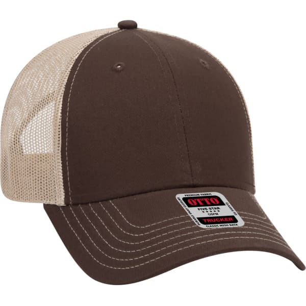 A brown 6 panel trucker hat with a mesh back and a branded label on the front.