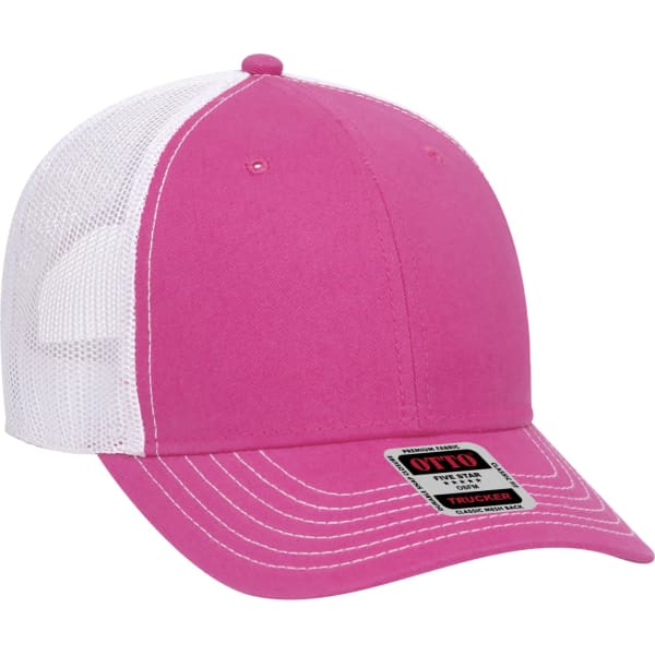 A pink 6-panel trucker hat with a white mesh back and a branded label on the front.