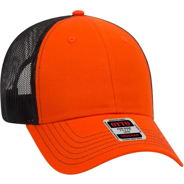 An orange 6-panel trucker hat with a black mesh back and a branded tag on the side.