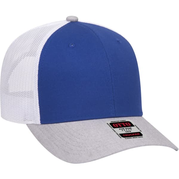 A blue and grey 6-panel trucker hat with a mesh back and a branded label on the side.