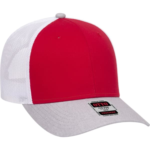 A red and white 6 panel trucker hat with a grey visor, featuring a logo on the front.