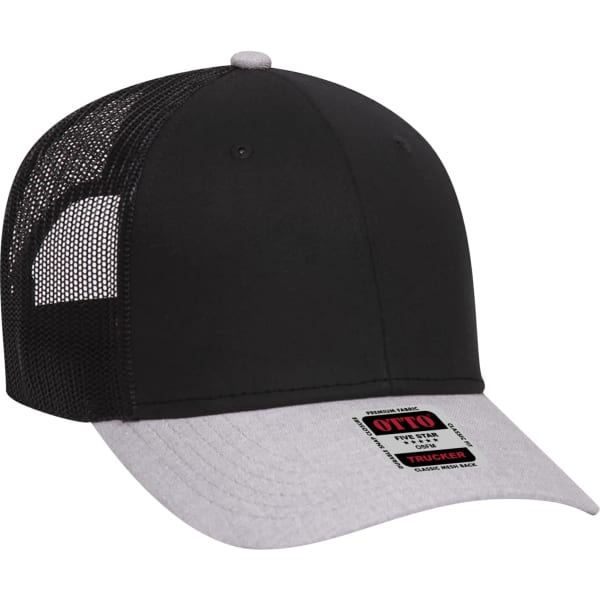 A black and grey 6-panel trucker hat with a mesh back and a decorative logo on the front.